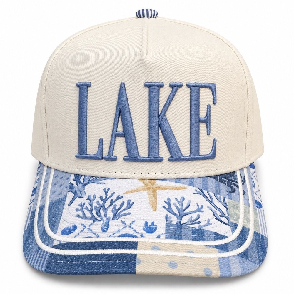 Embroidered Lake Snapback Hat White Blue Coastal Patchwork Starfish Trucker Cap